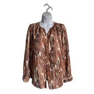 Nine West Womens Petite Snake Print Blouse Brown & Cream Long Sleeve Size PS